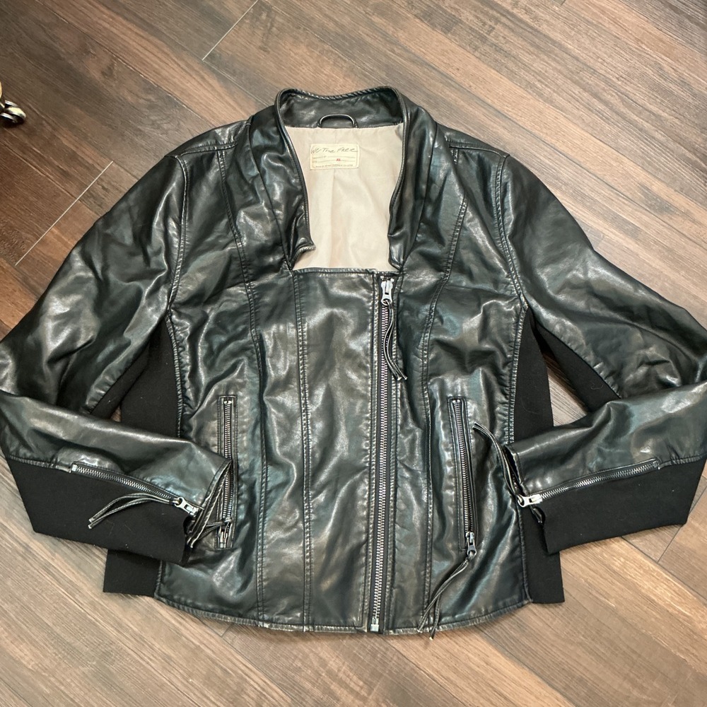 We The Free People Vegan Leather Moto Jacket Black Knit Trim XL Edgy Biker XL